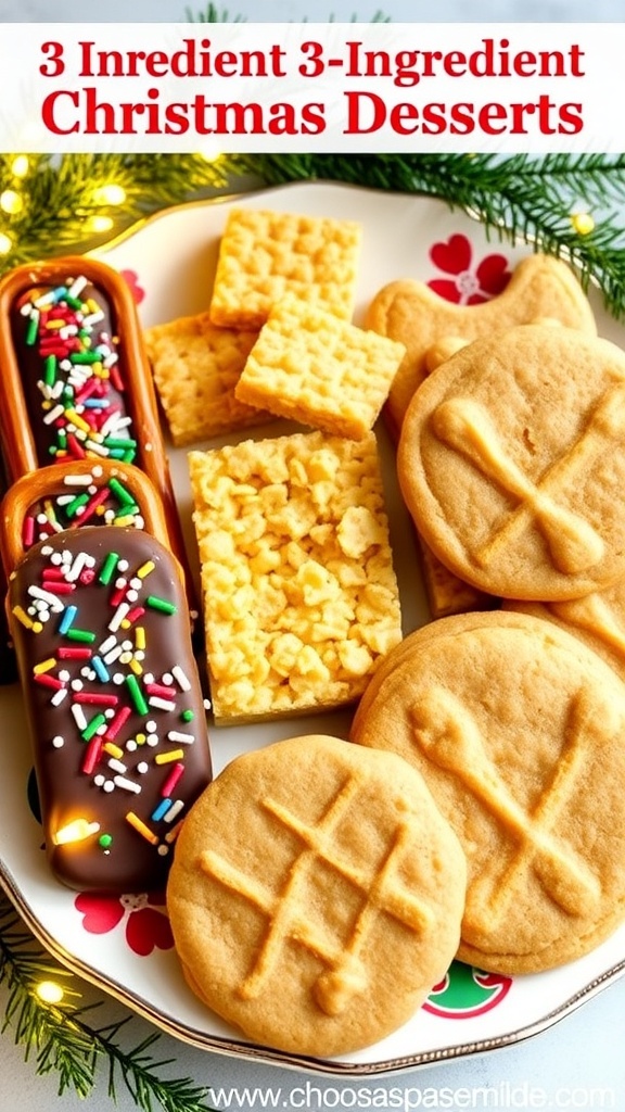 A festive platter of chocolate-covered pretzels, rice krispie treats, and peanut butter cookies for Christmas.